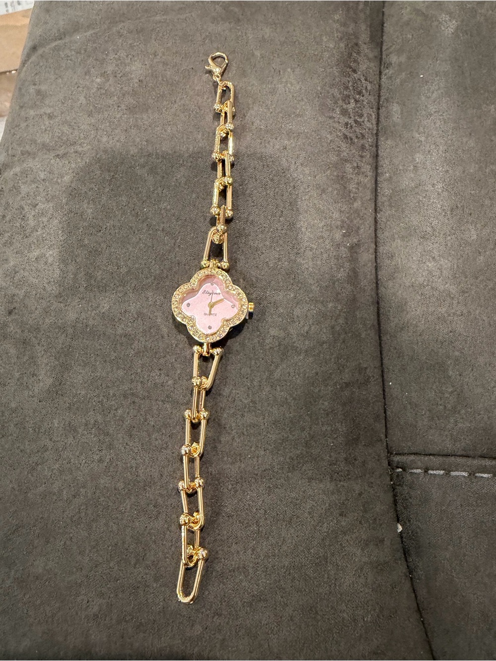 Macy's Gold-Tone Bracelet Watch with Pink Clover Dial and Crystal Accents